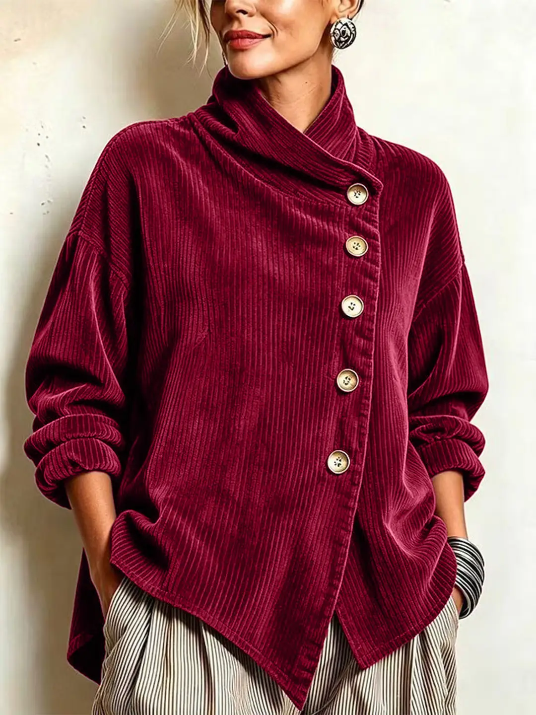 2026 Cross-Border European and American Autumn and Winter New Corduroy Irregular Loose Shoulder-Drop Diagonal Button Jacket for Women