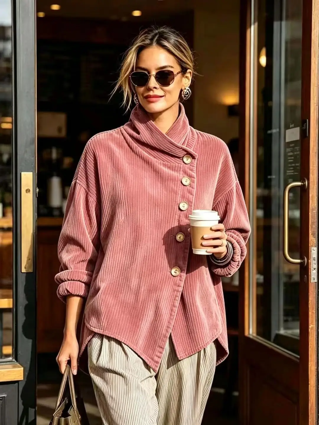2026 Cross-Border European and American Autumn and Winter New Corduroy Irregular Loose Shoulder-Drop Diagonal Button Jacket for Women