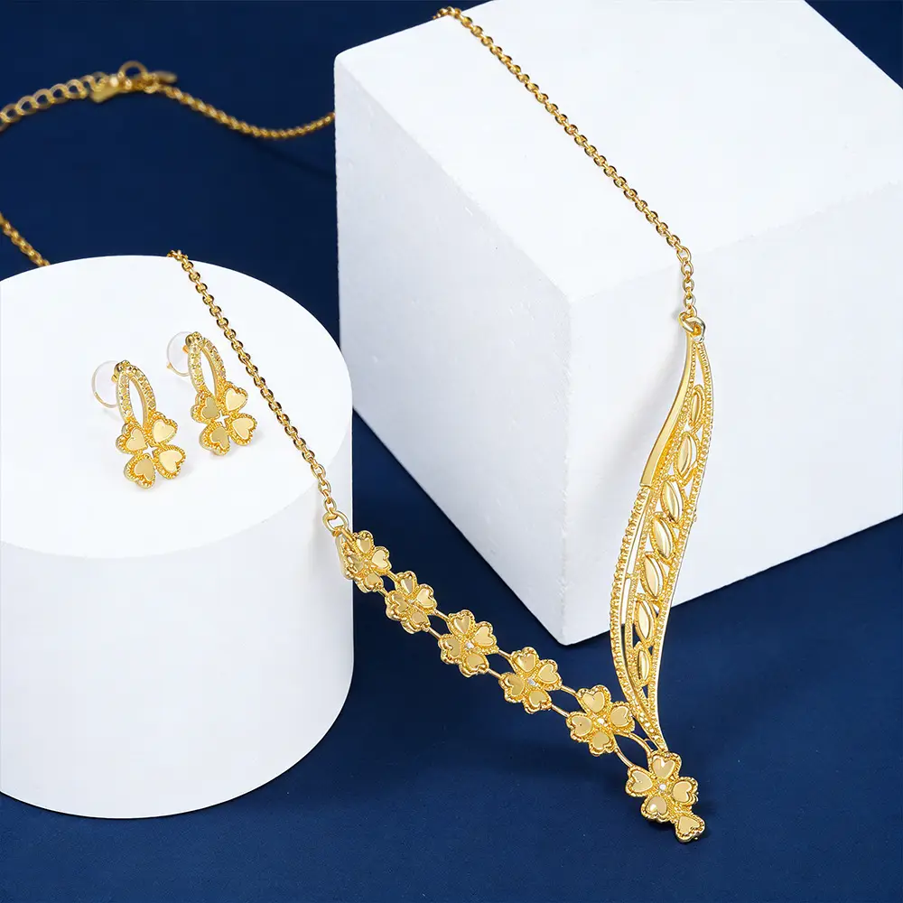 Middle Eastern Dubai floral necklace and earring set, gold-plated, for brides, weddings, cross-border sales, non-fading, and extravagant for banquets — feature 9