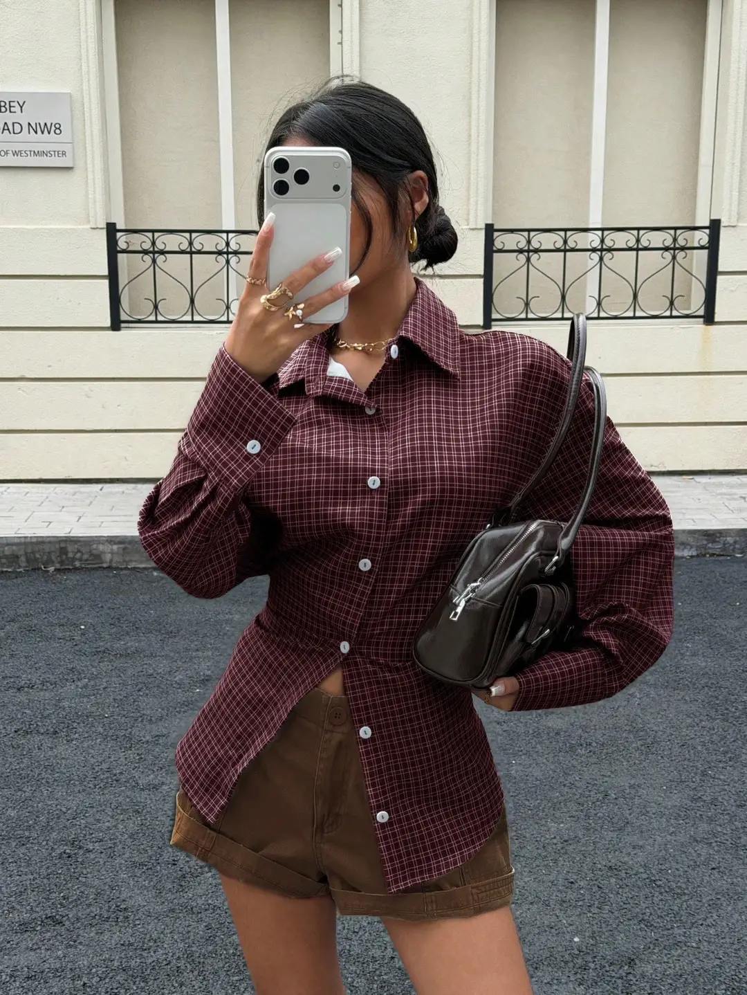 2026 New Cross-Border European and American Amazon Autumn and Winter Women's Retro Brown Plaid Waist-Cinching Long-Sleeved Shirt