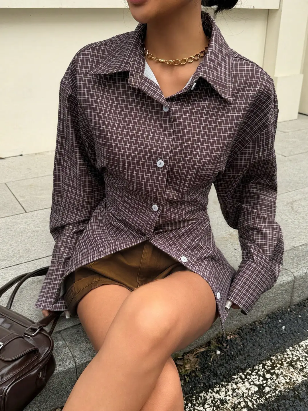 2026 New Cross-Border European and American Amazon Autumn and Winter Women's Retro Brown Plaid Waist-Cinching Long-Sleeved Shirt