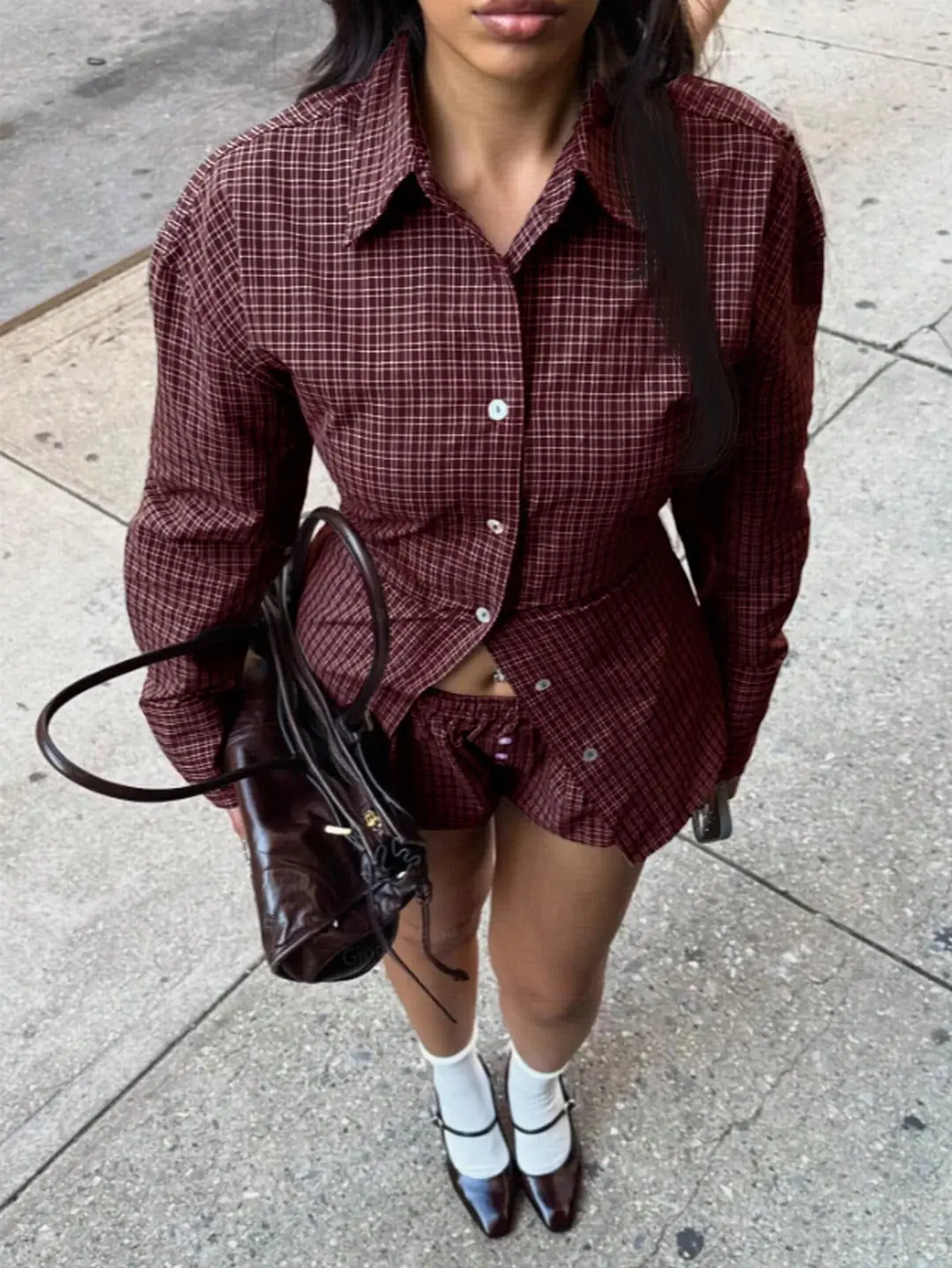2026 New Cross-Border European and American Amazon Autumn and Winter Women's Retro Brown Plaid Waist-Cinching Long-Sleeved Shirt — feature 12