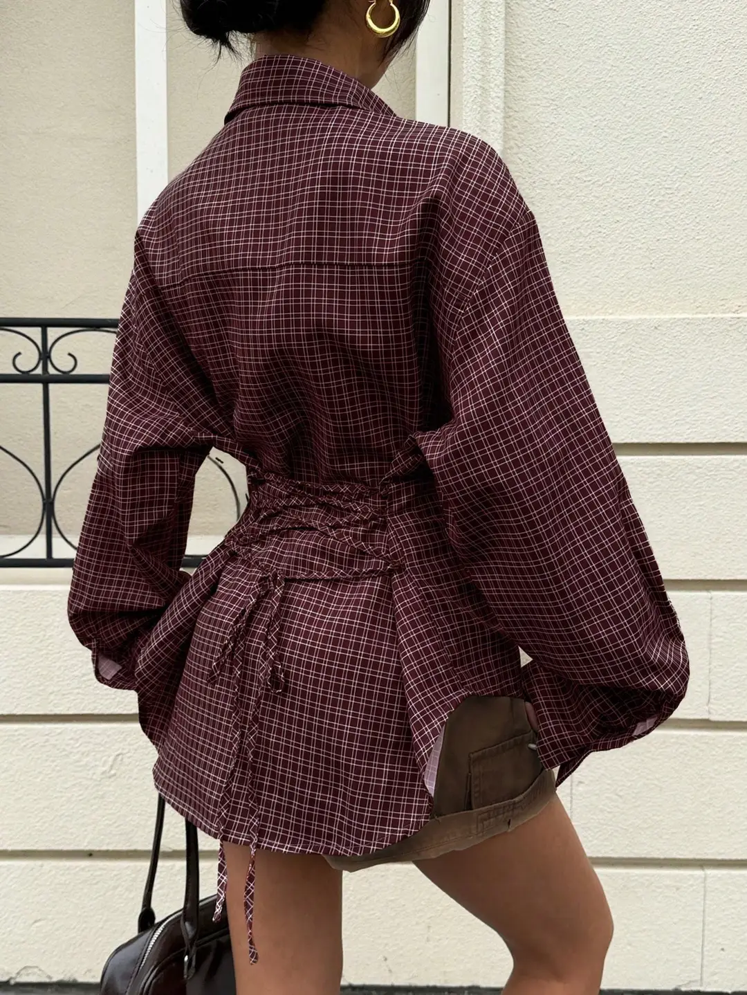 2026 New Cross-Border European and American Amazon Autumn and Winter Women's Retro Brown Plaid Waist-Cinching Long-Sleeved Shirt — feature 16