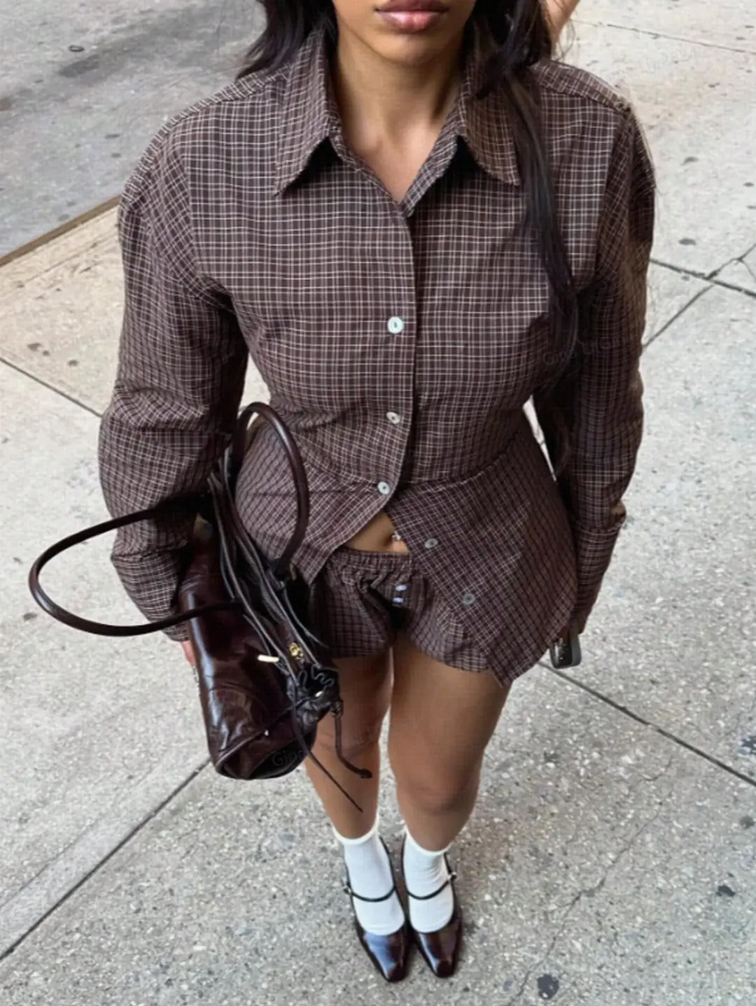 2026 New Cross-Border European and American Amazon Autumn and Winter Women's Retro Brown Plaid Waist-Cinching Long-Sleeved Shirt — feature 5