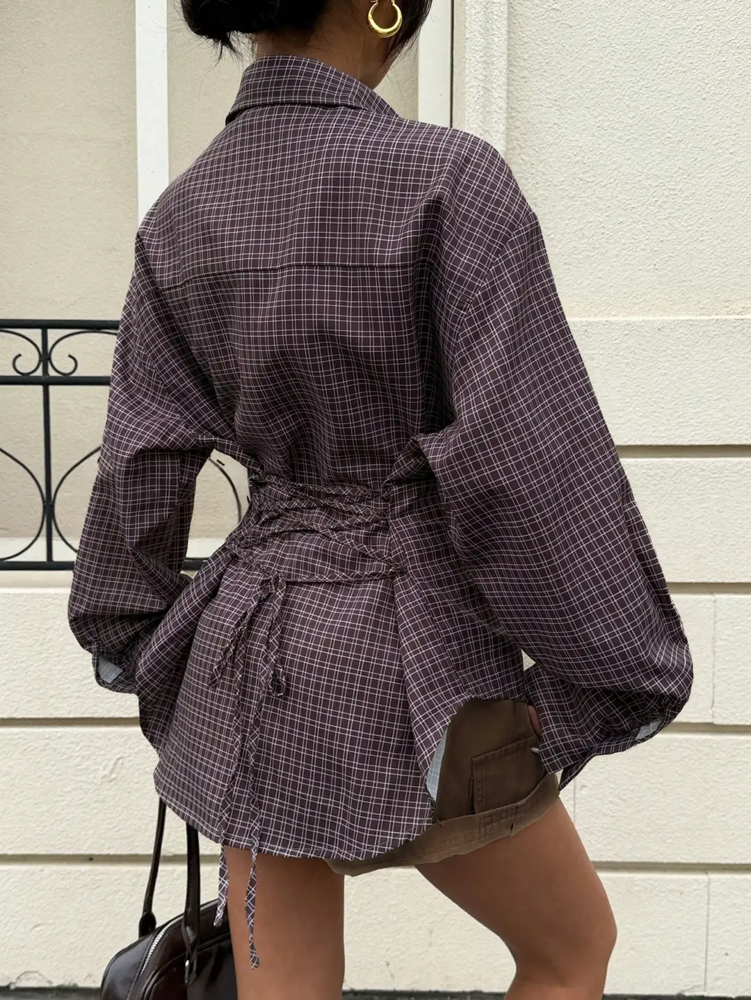 2026 New Cross-Border European and American Amazon Autumn and Winter Women's Retro Brown Plaid Waist-Cinching Long-Sleeved Shirt — feature 9