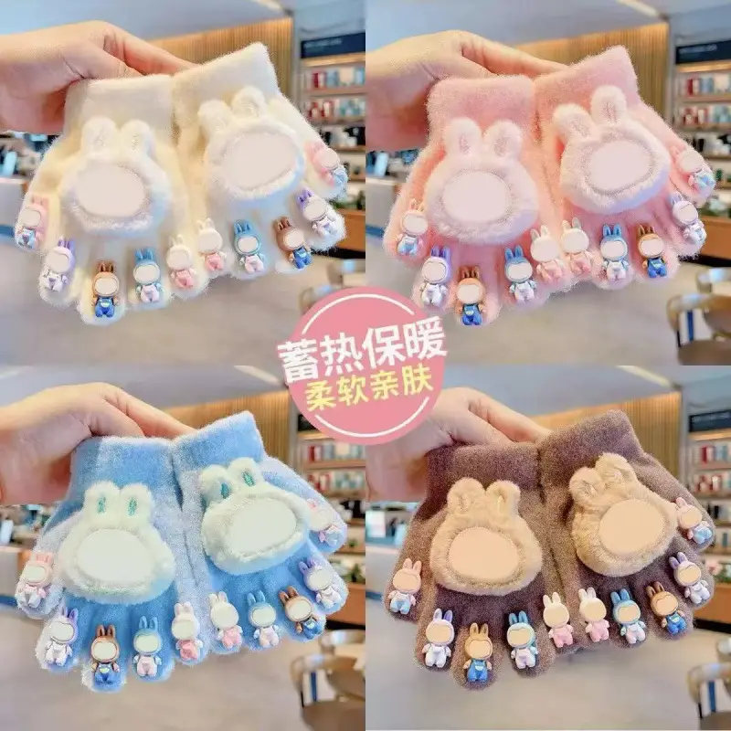 Labubu new winter gloves, warm and stylish, featuring a cute five-finger design, cartoon patterns, and fleece lining, perfect for children