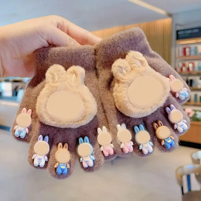 Labubu new winter gloves, warm and stylish, featuring a cute five-finger design, cartoon patterns, and fleece lining, perfect for children