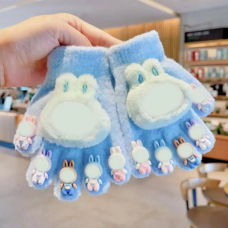 Labubu new winter gloves, warm and stylish, featuring a cute five-finger design, cartoon patterns, and fleece lining, perfect for children