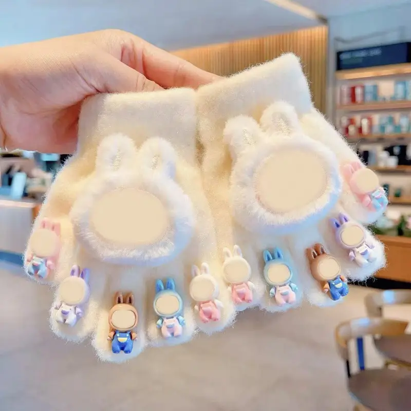 Labubu new winter gloves, warm and stylish, featuring a cute five-finger design, cartoon patterns, and fleece lining, perfect for children