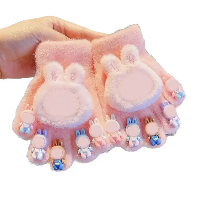 Labubu new winter gloves, warm and stylish, featuring a cute five-finger design, cartoon patterns, and fleece lining, perfect for children