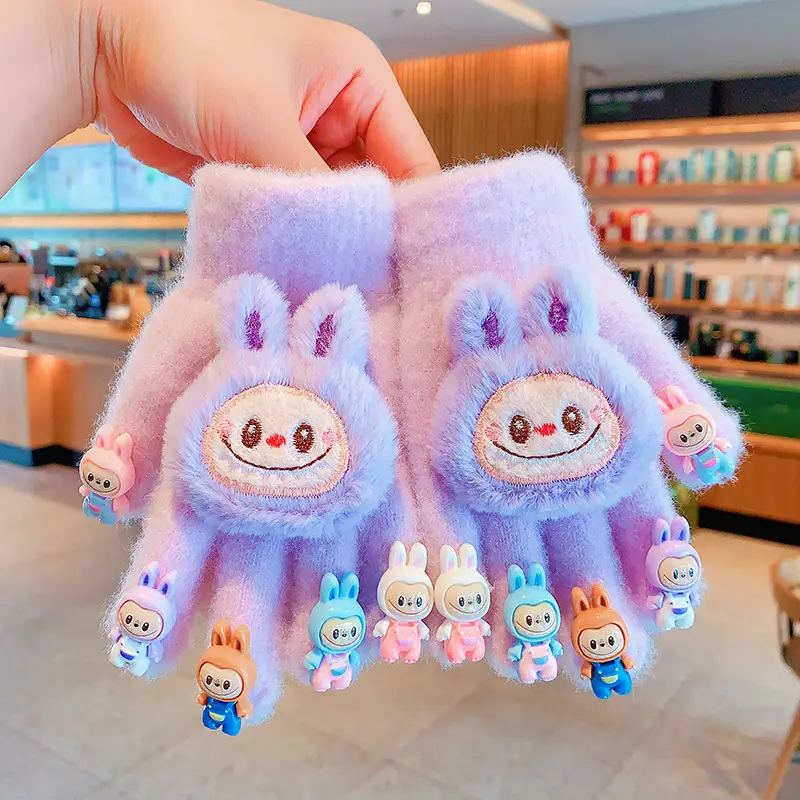 Labubu new winter gloves, warm and stylish, featuring a cute five-finger design, cartoon patterns, and fleece lining, perfect for children — feature 1