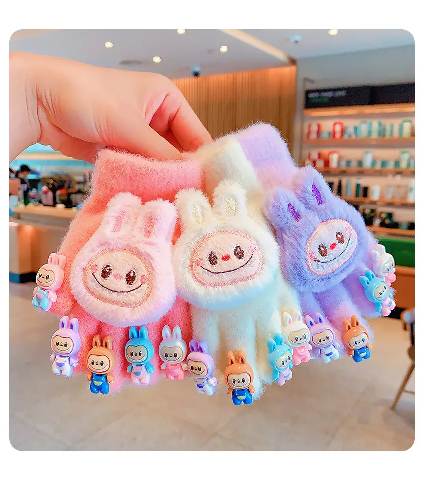 Labubu new winter gloves, warm and stylish, featuring a cute five-finger design, cartoon patterns, and fleece lining, perfect for children — feature 3