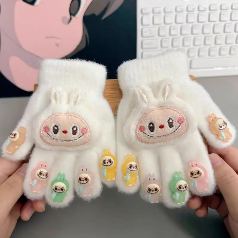 Labubu new winter gloves, warm and stylish, featuring a cute five-finger design, cartoon patterns, and fleece lining, perfect for children