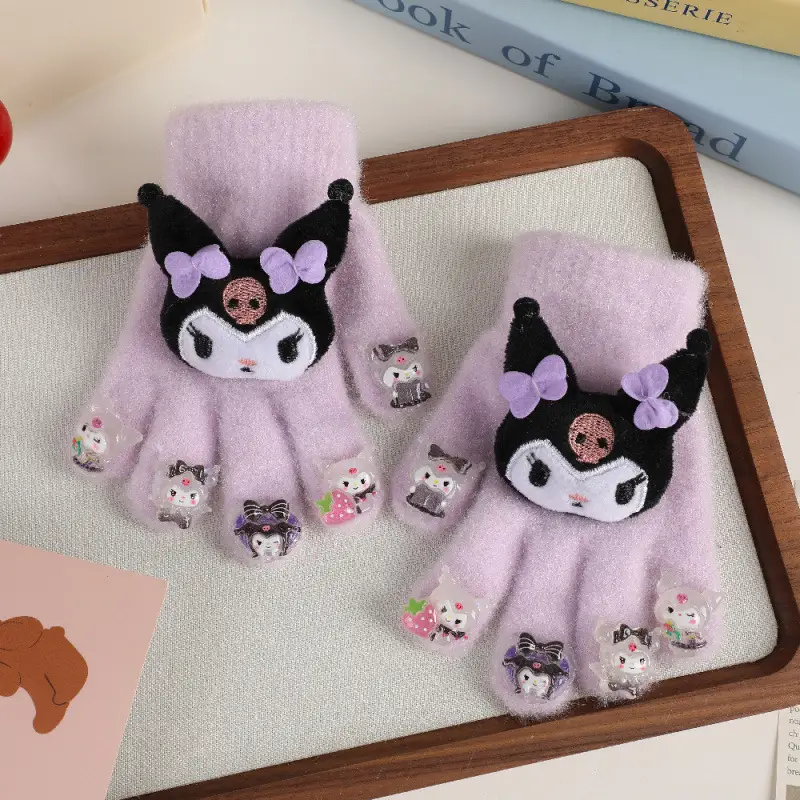 Labubu new winter gloves, warm and stylish, featuring a cute five-finger design, cartoon patterns, and fleece lining, perfect for children