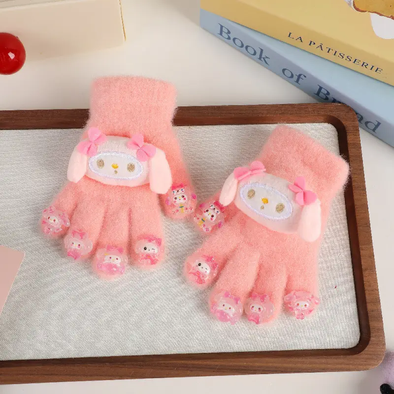 Labubu new winter gloves, warm and stylish, featuring a cute five-finger design, cartoon patterns, and fleece lining, perfect for children