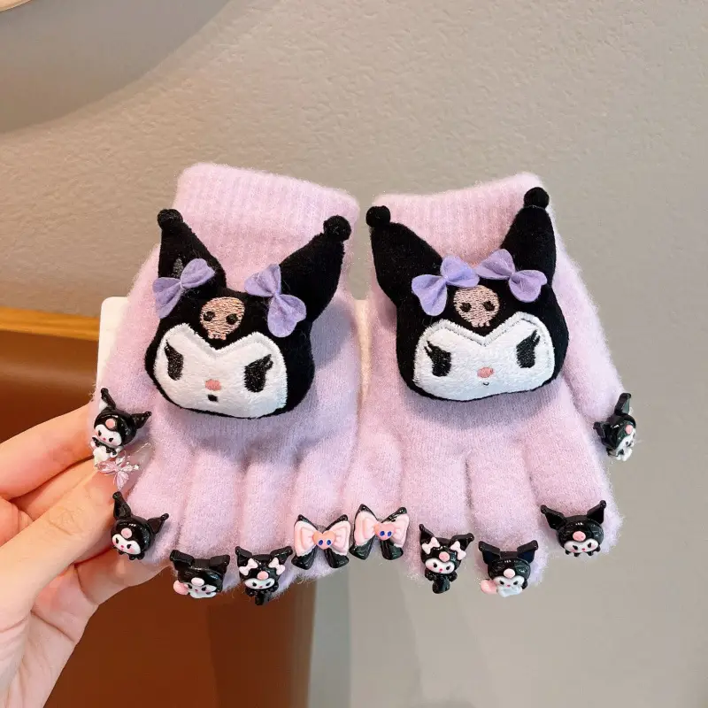 Labubu new winter gloves, warm and stylish, featuring a cute five-finger design, cartoon patterns, and fleece lining, perfect for children