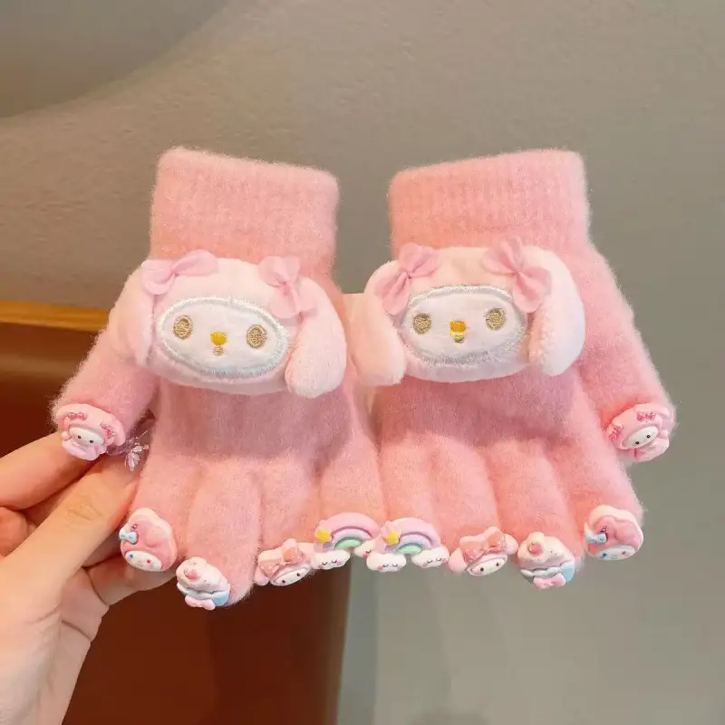 Labubu new winter gloves, warm and stylish, featuring a cute five-finger design, cartoon patterns, and fleece lining, perfect for children