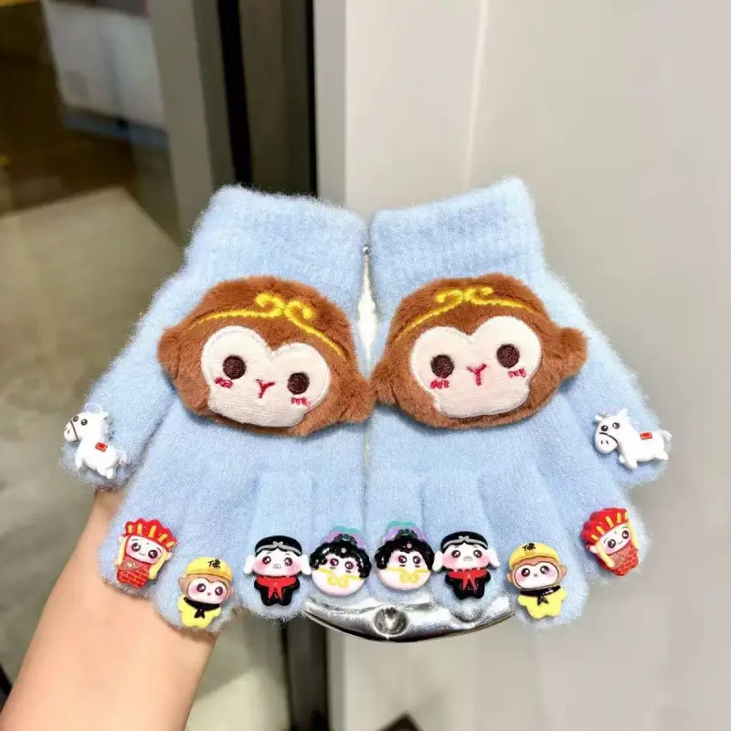 Labubu new winter gloves, warm and stylish, featuring a cute five-finger design, cartoon patterns, and fleece lining, perfect for children