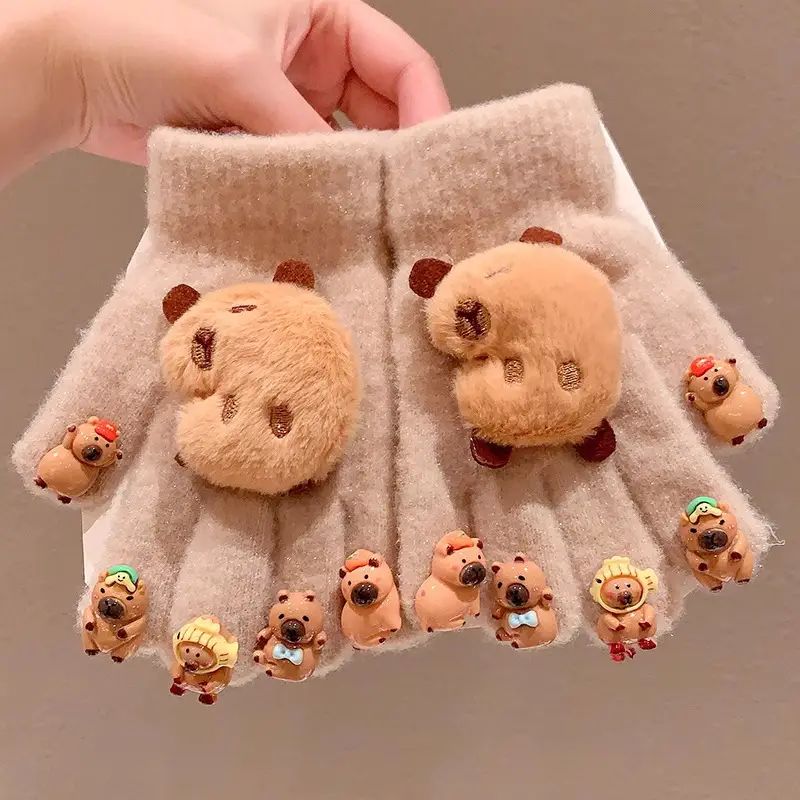 Labubu new winter gloves, warm and stylish, featuring a cute five-finger design, cartoon patterns, and fleece lining, perfect for children