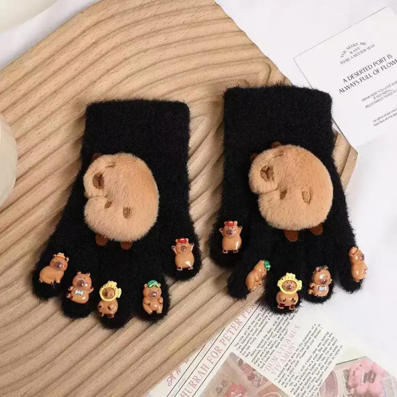 Labubu new winter gloves, warm and stylish, featuring a cute five-finger design, cartoon patterns, and fleece lining, perfect for children