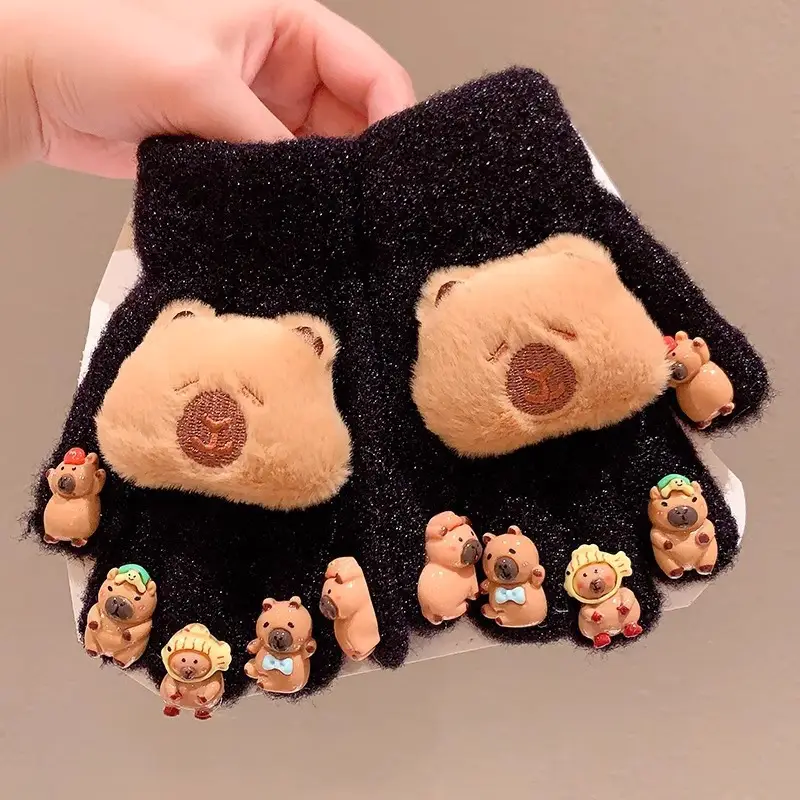 Labubu new winter gloves, warm and stylish, featuring a cute five-finger design, cartoon patterns, and fleece lining, perfect for children