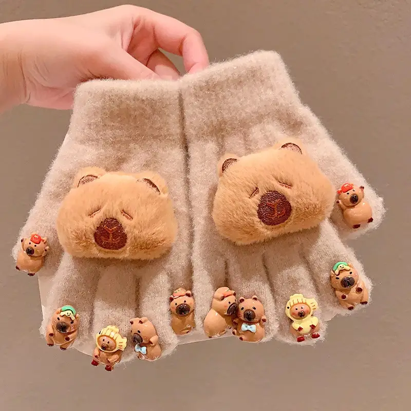 Labubu new winter gloves, warm and stylish, featuring a cute five-finger design, cartoon patterns, and fleece lining, perfect for children