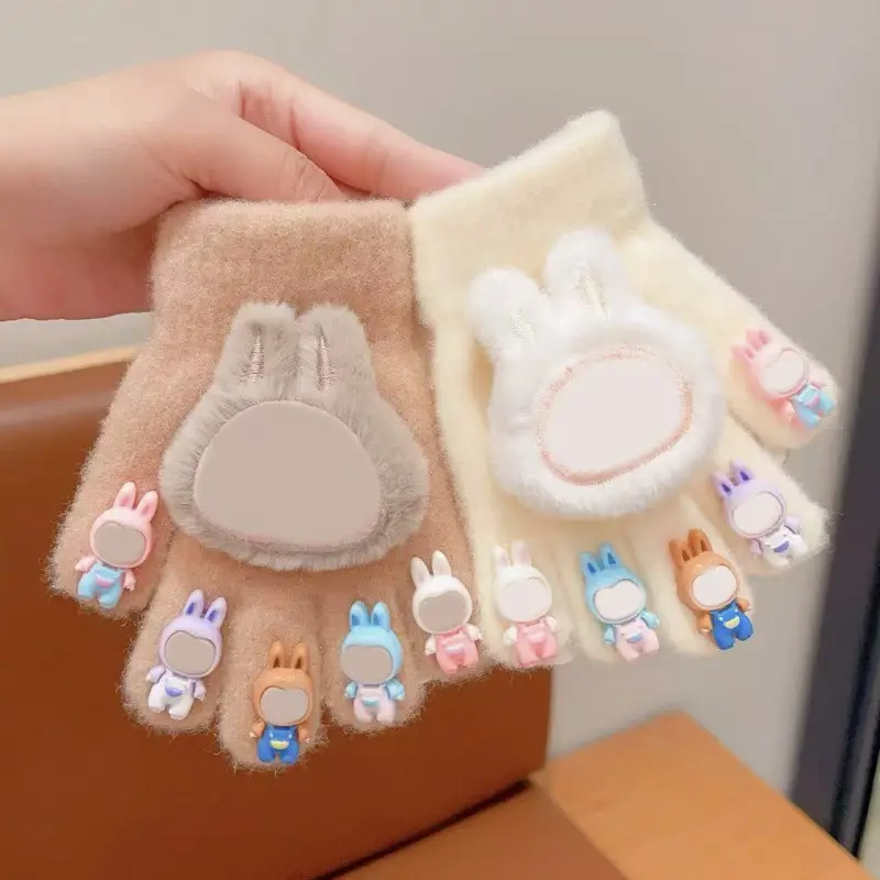 Labubu new winter gloves, warm and stylish, featuring a cute five-finger design, cartoon patterns, and fleece lining, perfect for children