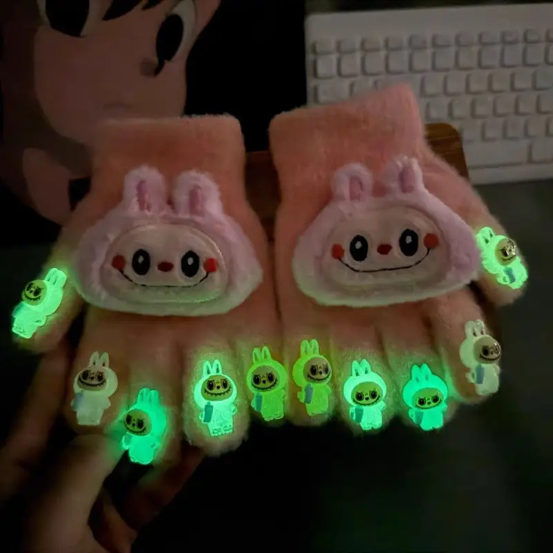 Labubu new winter gloves, warm and stylish, featuring a cute five-finger design, cartoon patterns, and fleece lining, perfect for children