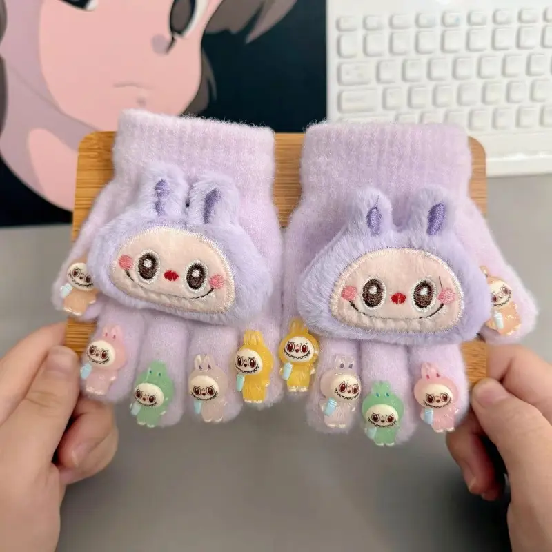 Labubu new winter gloves, warm and stylish, featuring a cute five-finger design, cartoon patterns, and fleece lining, perfect for children