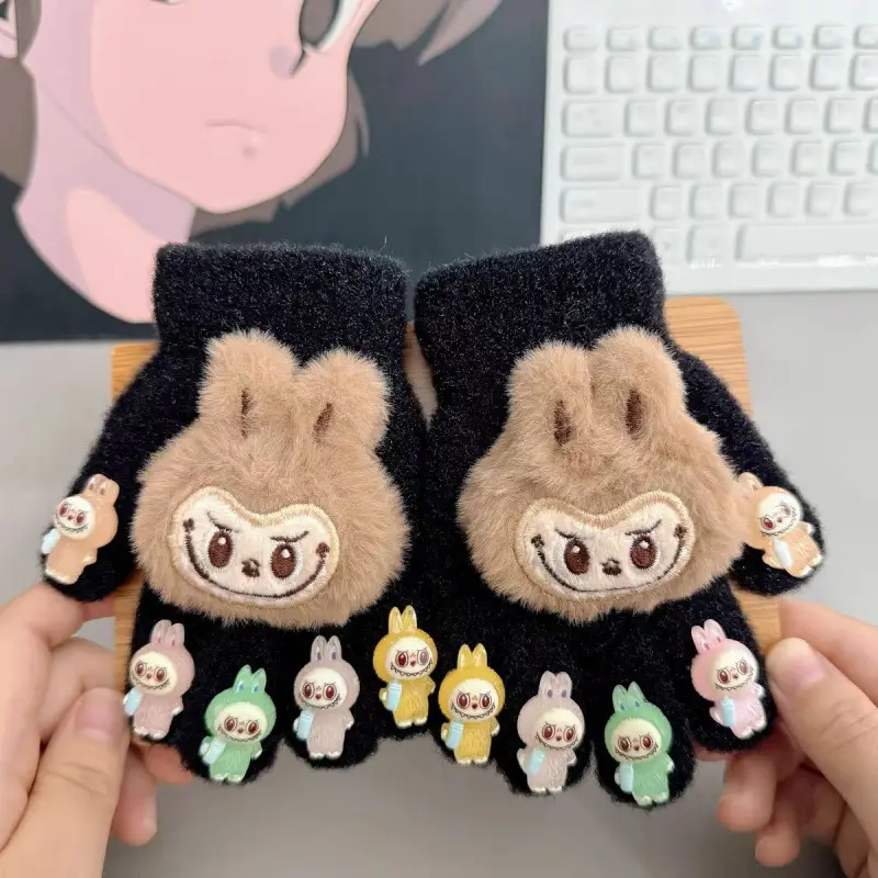 Labubu new winter gloves, warm and stylish, featuring a cute five-finger design, cartoon patterns, and fleece lining, perfect for children