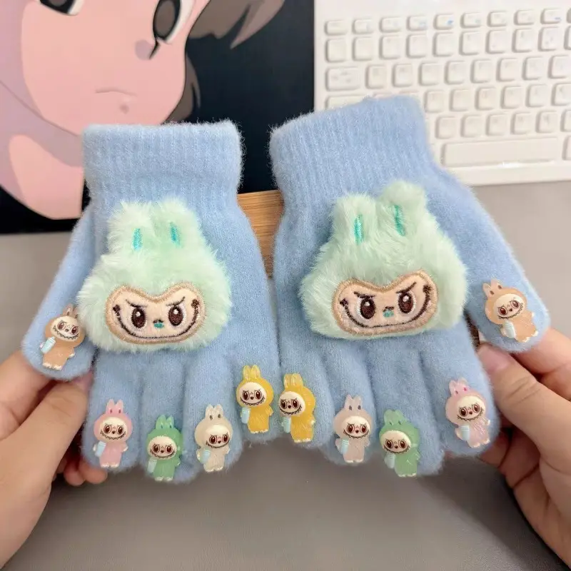 Labubu new winter gloves, warm and stylish, featuring a cute five-finger design, cartoon patterns, and fleece lining, perfect for children