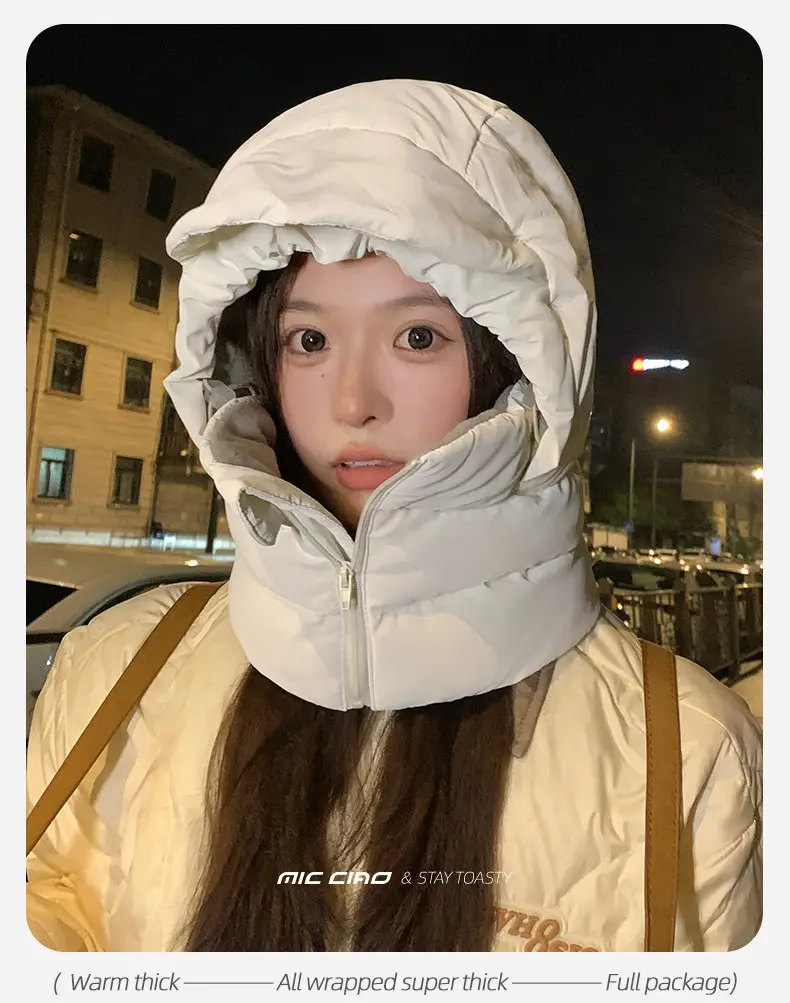 Unisex winter hat with integrated scarf, thickened down filling for warmth, windproof and cold-resistant, suitable for cycling and skiing — feature 18