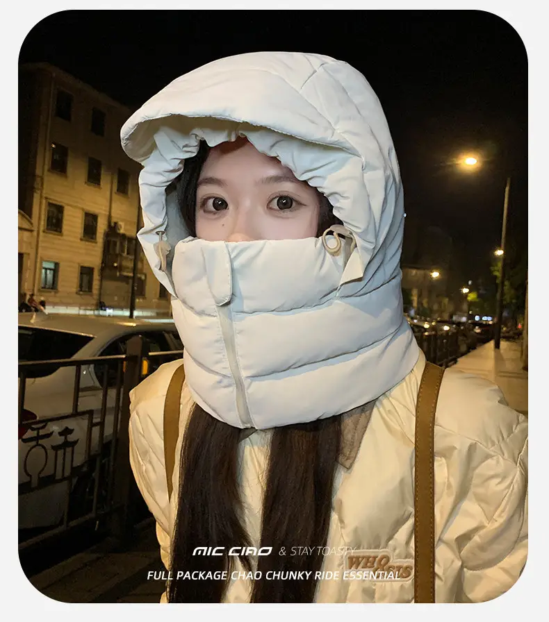 Unisex winter hat with integrated scarf, thickened down filling for warmth, windproof and cold-resistant, suitable for cycling and skiing — feature 19