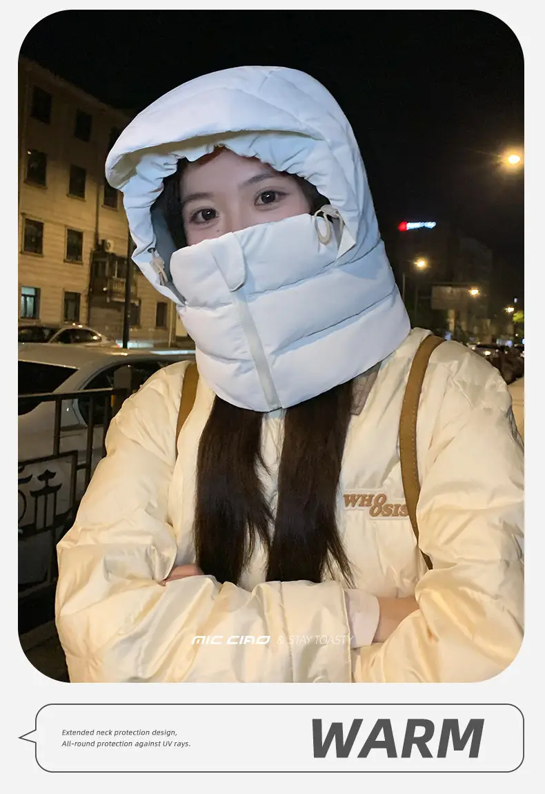 Unisex winter hat with integrated scarf, thickened down filling for warmth, windproof and cold-resistant, suitable for cycling and skiing — feature 20