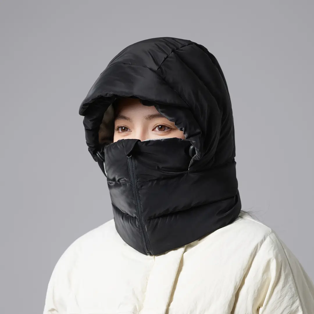 Unisex winter hat with integrated scarf, thickened down filling for warmth, windproof and cold-resistant, suitable for cycling and skiing