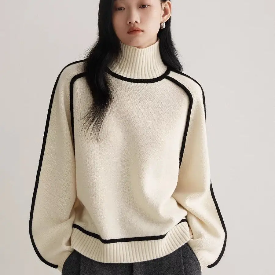 Cross-border women's fashion sweater, stylish half-high collar, raglan sleeve top, elegant ribbed knit base shirt for women