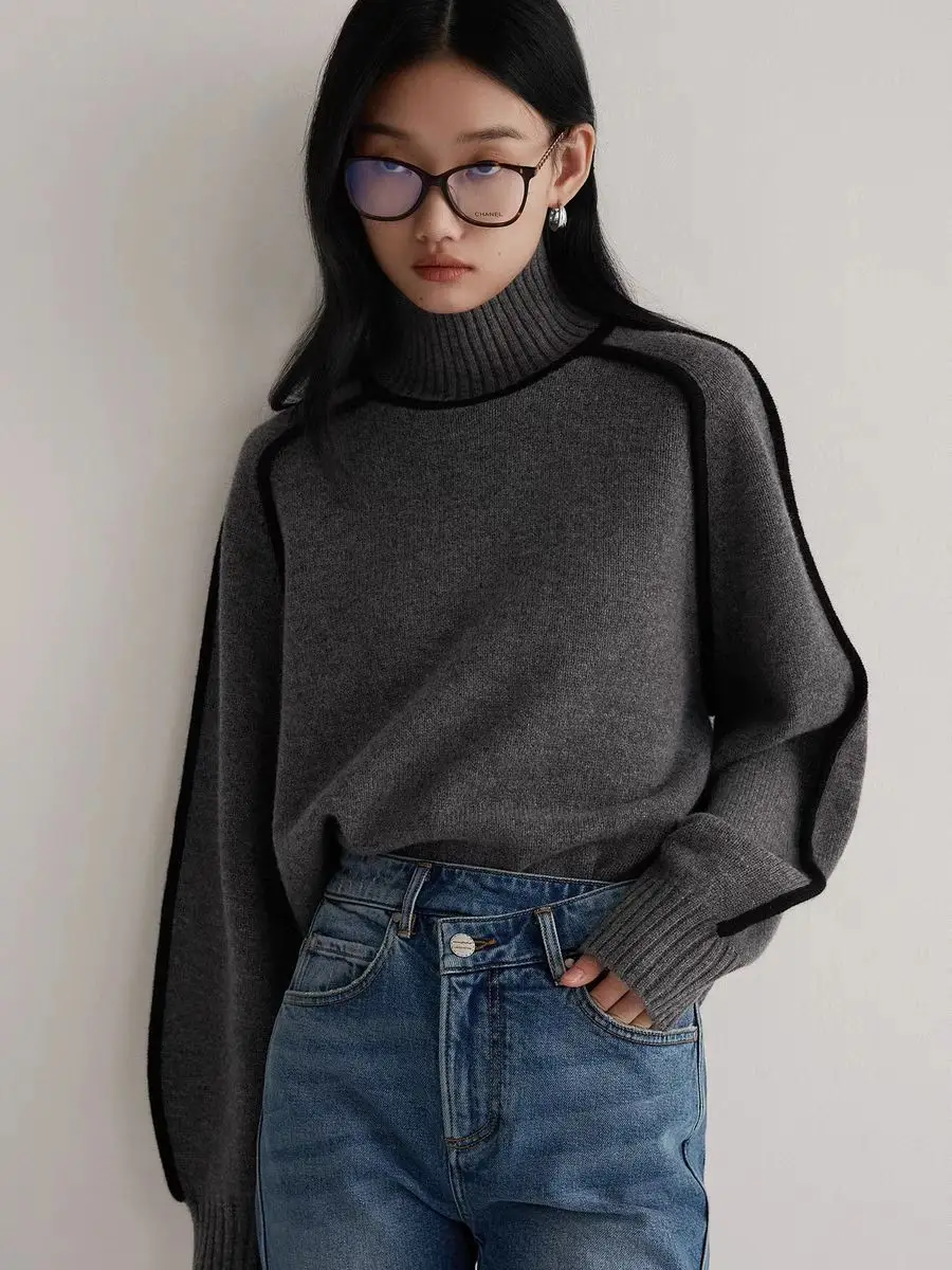 Cross-border women's fashion sweater, stylish half-high collar, raglan sleeve top, elegant ribbed knit base shirt for women — feature 16