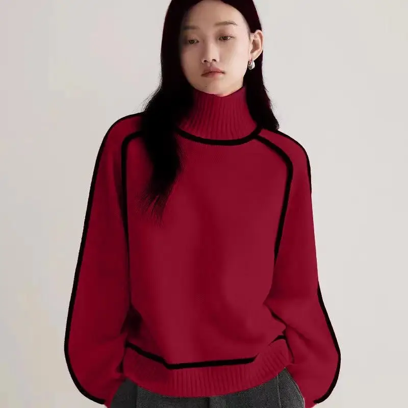Cross-border women's fashion sweater, stylish half-high collar, raglan sleeve top, elegant ribbed knit base shirt for women — feature 22