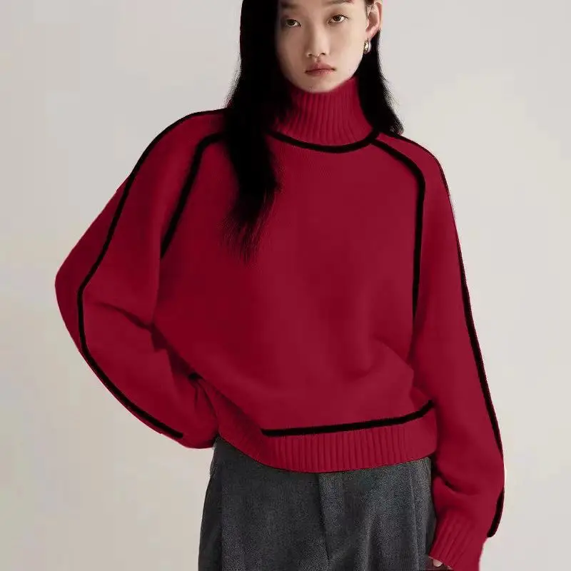 Cross-border women's fashion sweater, stylish half-high collar, raglan sleeve top, elegant ribbed knit base shirt for women — feature 23