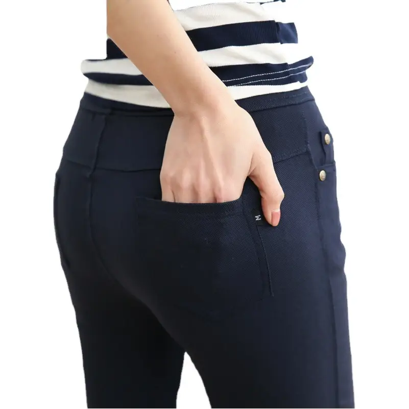 Women Navy Blue Button Flap Pants Large Spring Style