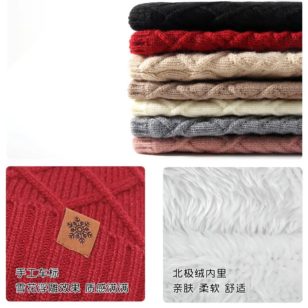 Chinese Red New Year Gift Winter Knitted Hat for Women, Double-Layered, Fleece-Lined, Thickened, Warm Hat and Scarf Set