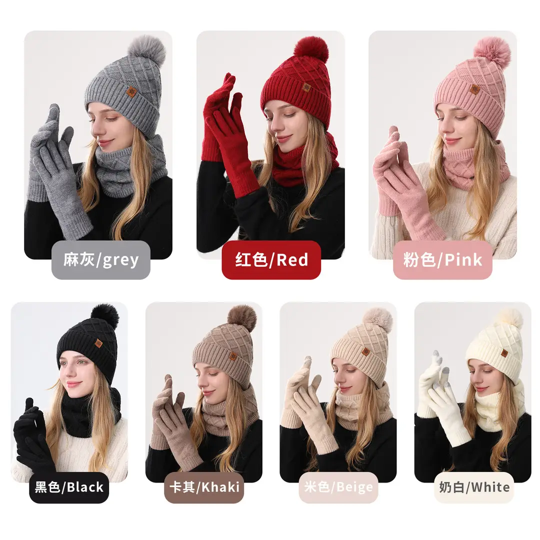 Chinese Red New Year Gift Winter Knitted Hat for Women, Double-Layered, Fleece-Lined, Thickened, Warm Hat and Scarf Set