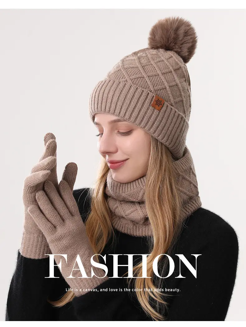 Chinese Red New Year Gift Winter Knitted Hat for Women, Double-Layered, Fleece-Lined, Thickened, Warm Hat and Scarf Set — feature 10