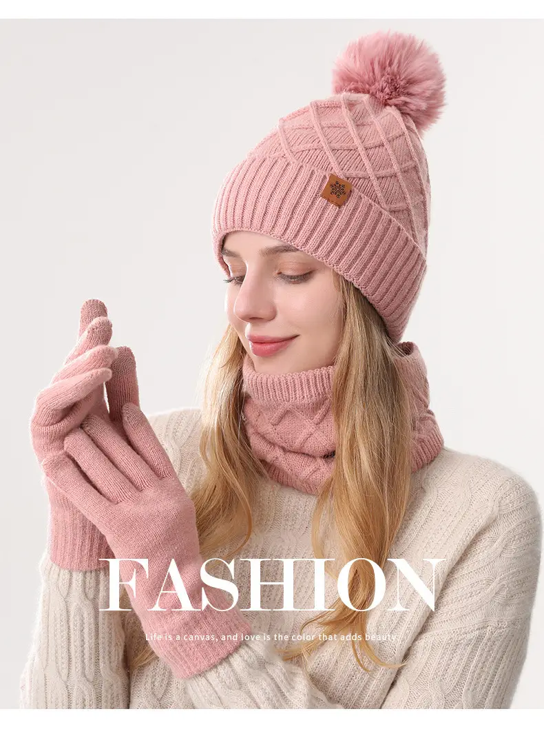 Chinese Red New Year Gift Winter Knitted Hat for Women, Double-Layered, Fleece-Lined, Thickened, Warm Hat and Scarf Set — feature 11
