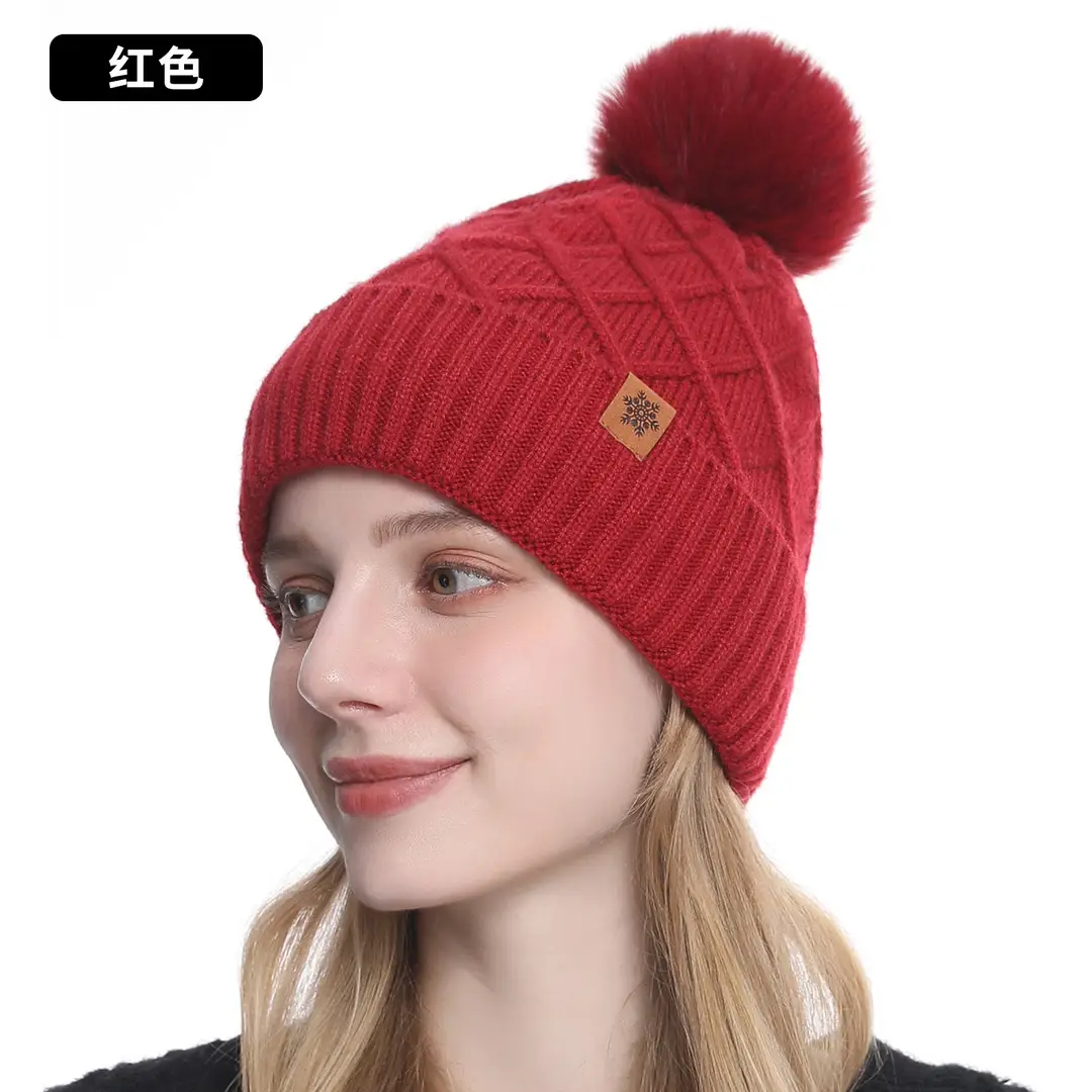 Chinese Red New Year Gift Winter Knitted Hat for Women, Double-Layered, Fleece-Lined, Thickened, Warm Hat and Scarf Set