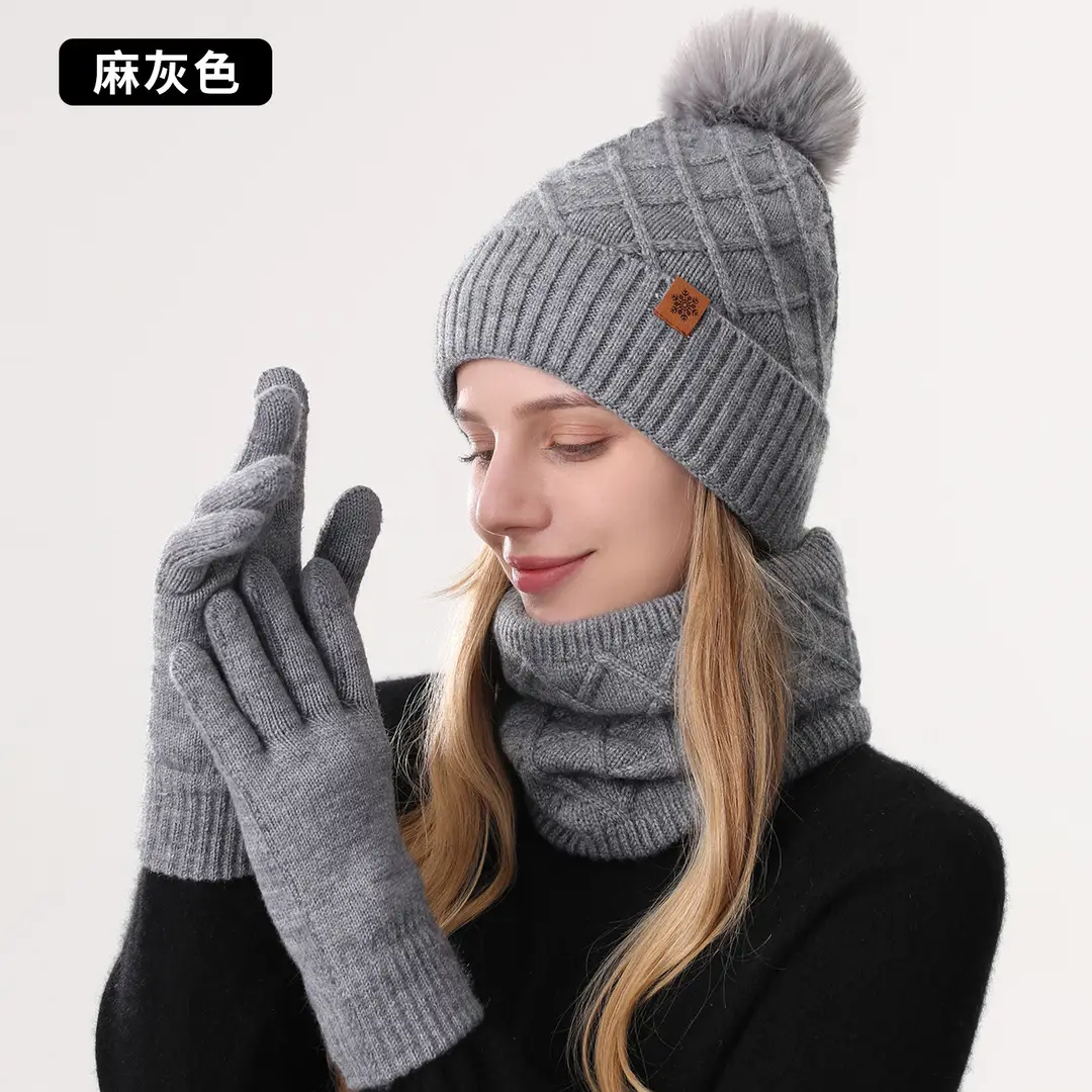 Chinese Red New Year Gift Winter Knitted Hat for Women, Double-Layered, Fleece-Lined, Thickened, Warm Hat and Scarf Set