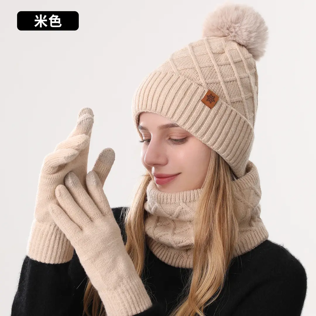 Chinese Red New Year Gift Winter Knitted Hat for Women, Double-Layered, Fleece-Lined, Thickened, Warm Hat and Scarf Set