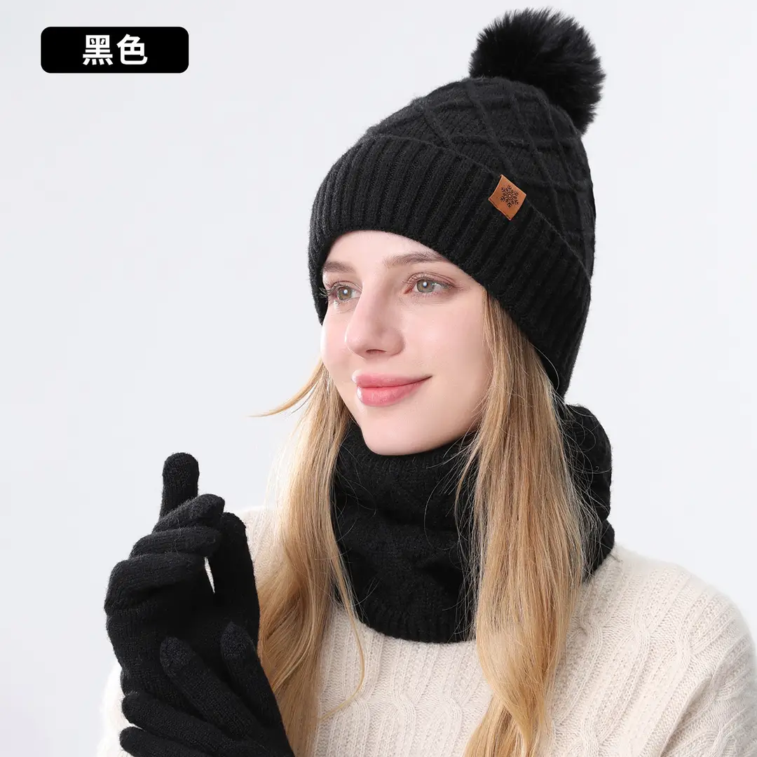 Chinese Red New Year Gift Winter Knitted Hat for Women, Double-Layered, Fleece-Lined, Thickened, Warm Hat and Scarf Set