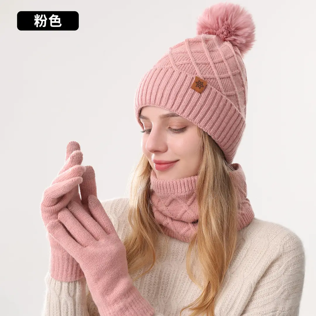 Chinese Red New Year Gift Winter Knitted Hat for Women, Double-Layered, Fleece-Lined, Thickened, Warm Hat and Scarf Set
