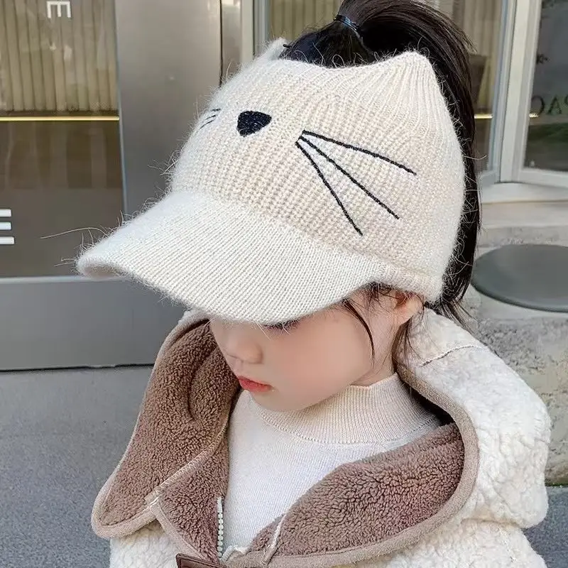 Autumn and winter children's knitted hats, open-top woolen baseball caps for girls, cute and warm thickened knitted hats for babies